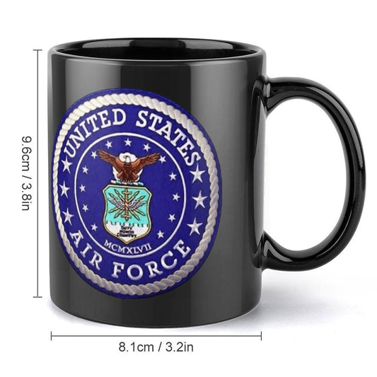 United States Air Force White & Blue Emblem On Black Ceramic Coffee Mug (Comes With Your Initials Or Rank And Name Free Of Charge On Mug!)