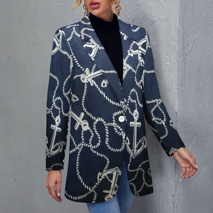 Women's Blue With Nautical Anchor And Rope Print Casual Formal Lightweight Blazer Design All Over Print Women's Blazer