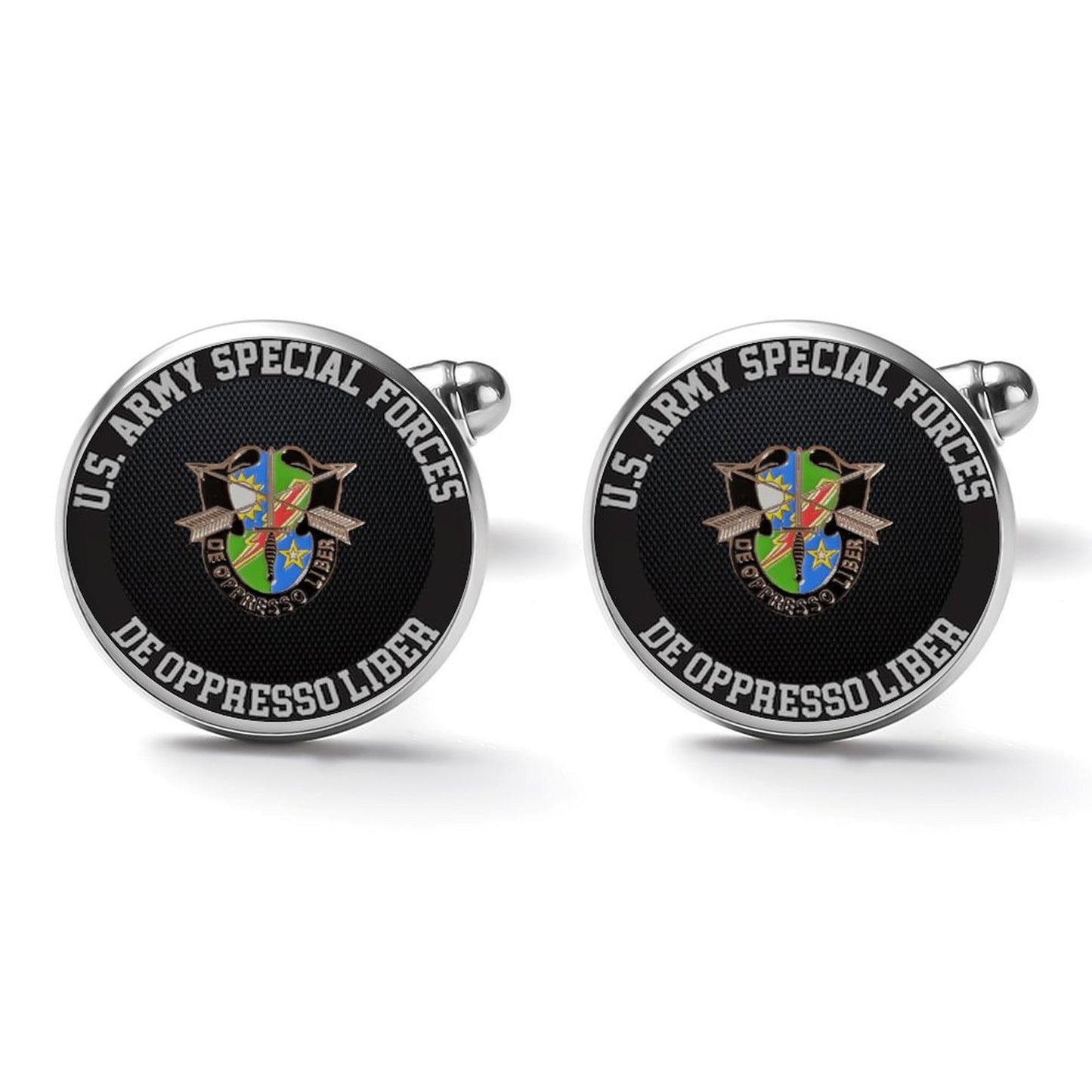 Men's Custom Made Alloy Silver W Black Carbon Fiber Background U.S. Army Special Forces Insignia In Black & Silver Come With Your Initials On Them....