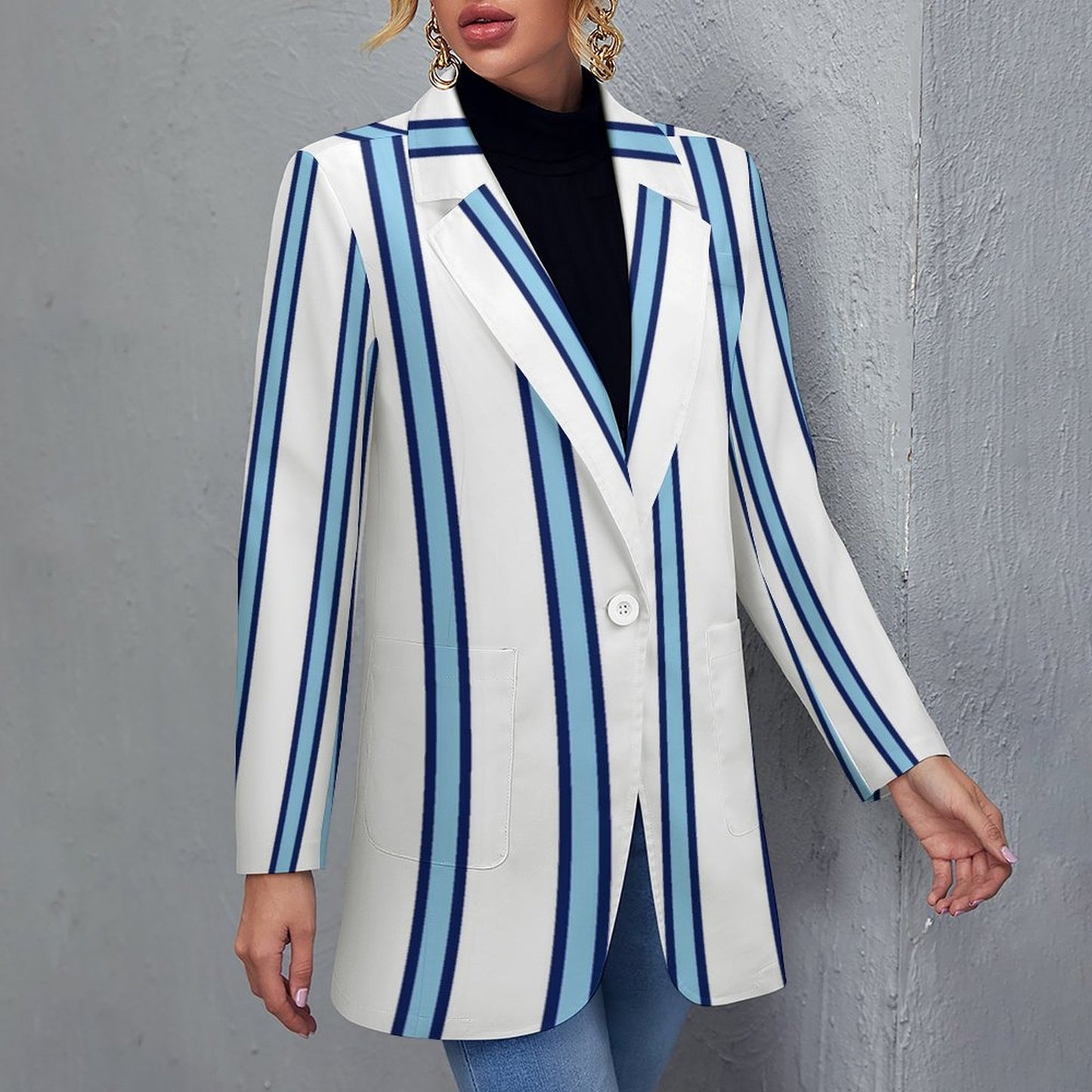 Women's White Blue Multi Colored Pinstripe Print Casual Formal Lightweight Blazer Design All Over Print Women's Blazer