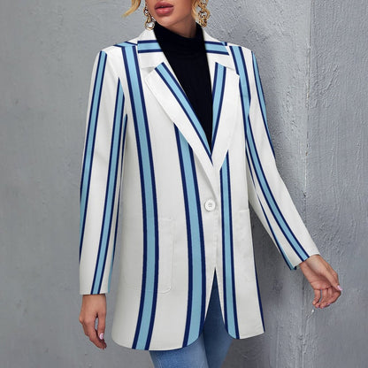 Women's White Blue Multi Colored Pinstripe Print Casual Formal Lightweight Blazer Design All Over Print Women's Blazer