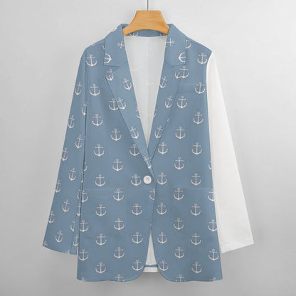 Women's Light Blue W White Nautical Insignias Casual Formal Lightweight Blazer All Over Print Women's Blazer