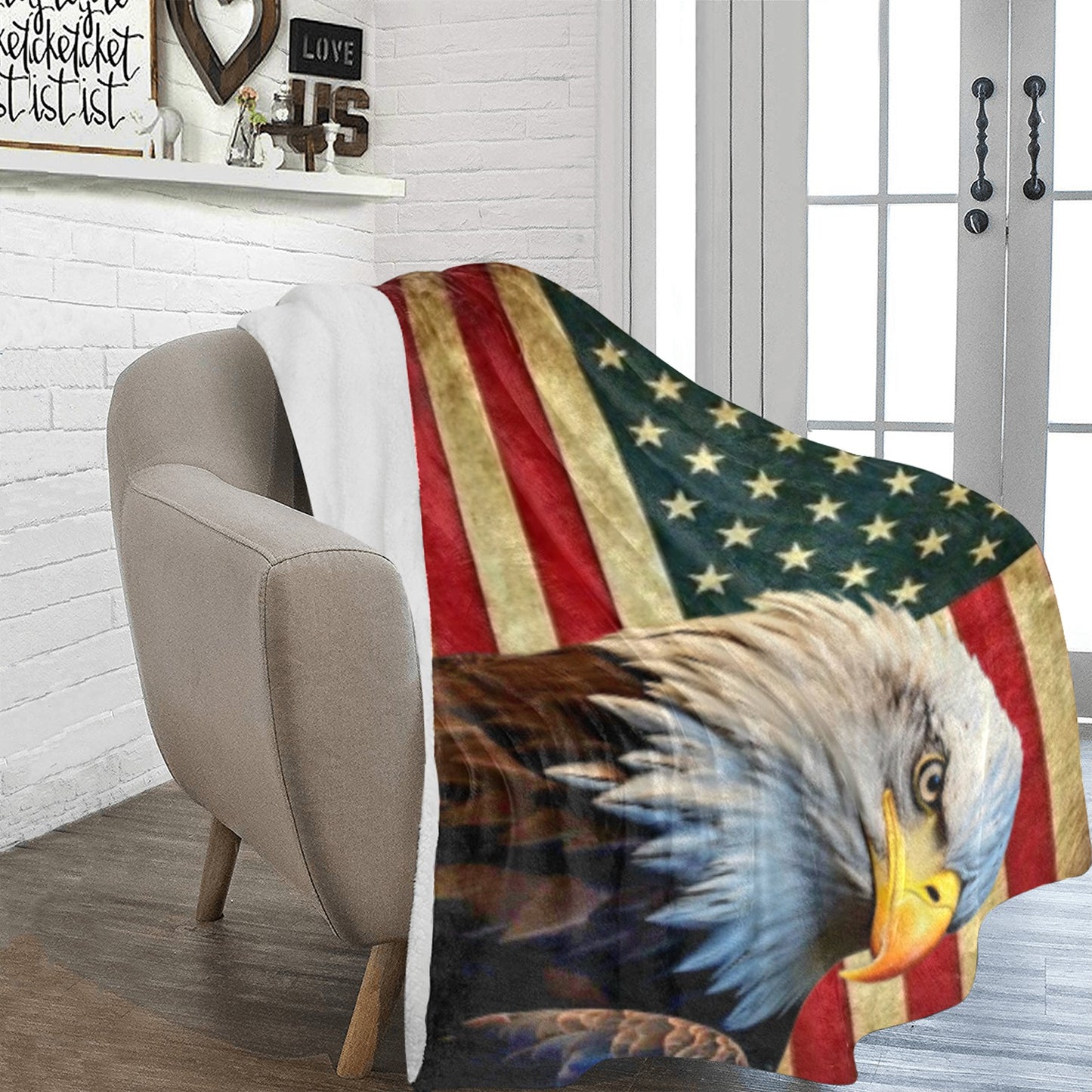Large Black Microfiber Micro Fleece Flannel 70X80 Inch Soft Warm Monogram U.S. American Flag And Eagle Insignia Black Blanket...