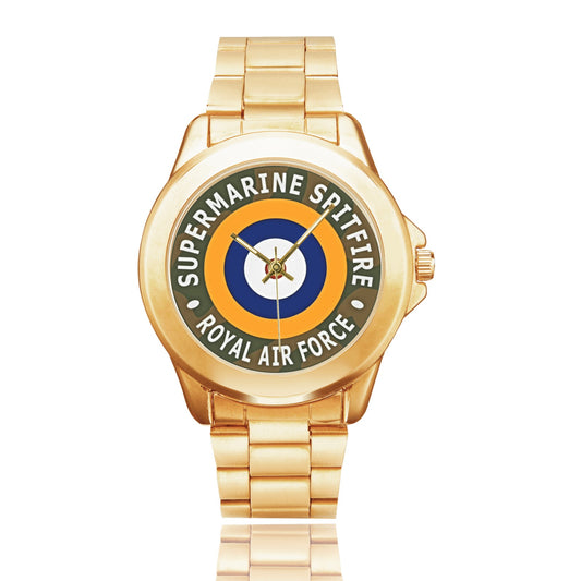 All Stainless Steel Spitfire Aviation Insignia Gold Monogram Gift Watch Custom Gilt Watch(Model 101) Come With Name Or Name And Rank On Dial...