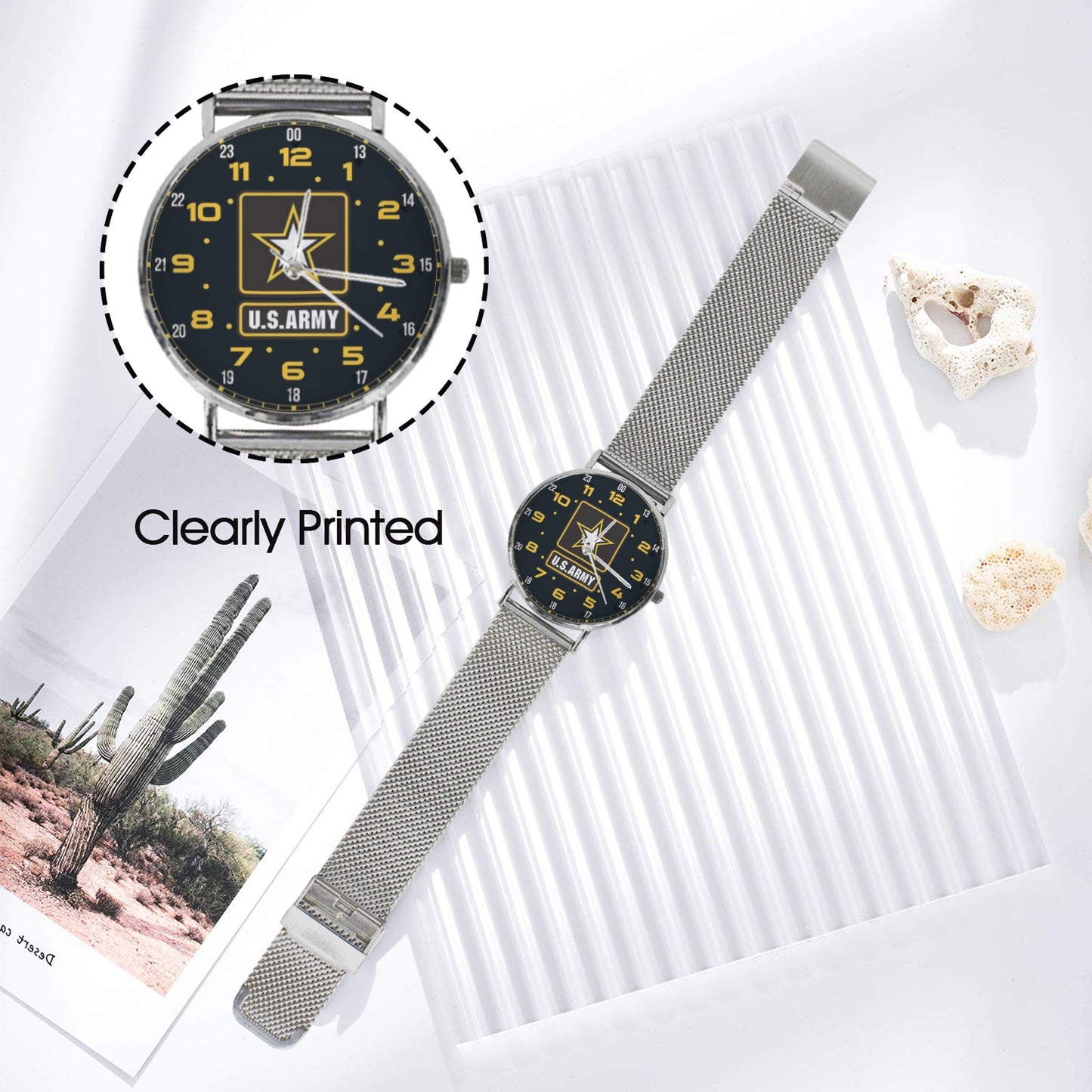 Yellow Black Brown US Army Insignia Dial Silver All Stainless Steel Monogram Dress Watch Men's Steel Bracelet Watch Without Numbers Come With Name Or Name And Rank On Dial...