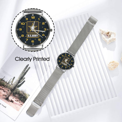 Yellow Black Brown US Army Insignia Dial Silver All Stainless Steel Monogram Dress Watch Men's Steel Bracelet Watch Without Numbers Come With Name Or Name And Rank On Dial...