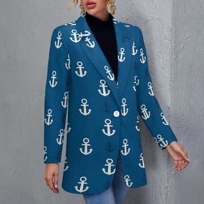 Women's Ocean Blue White Anchor Pattern Casual Formal Lightweight Blazer Design All Over Print Women's Blazer