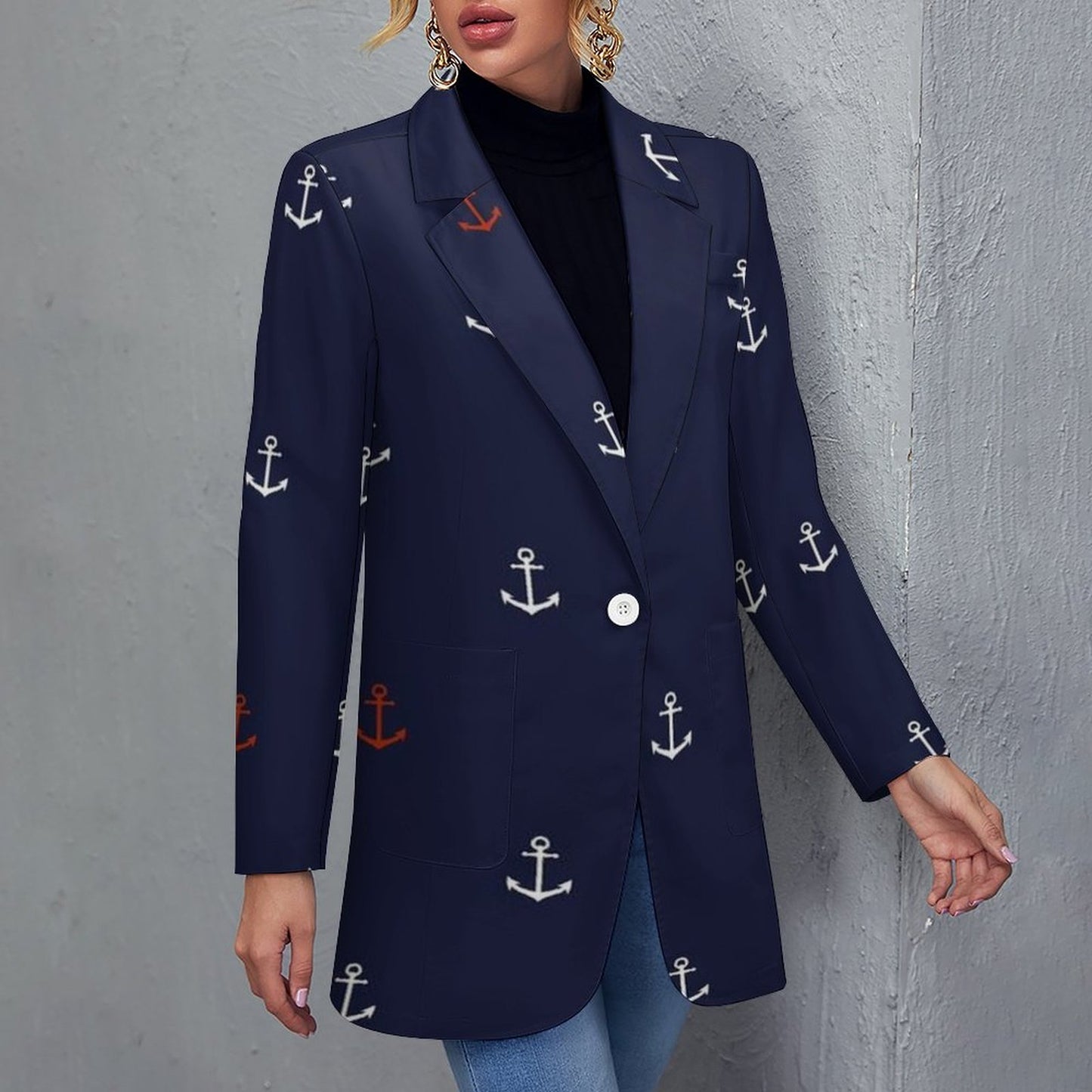 Women's Midnight Blue White And Red Anchor Pattern Casual Formal Lightweight Blazer Design All Over Print Women's Blazer