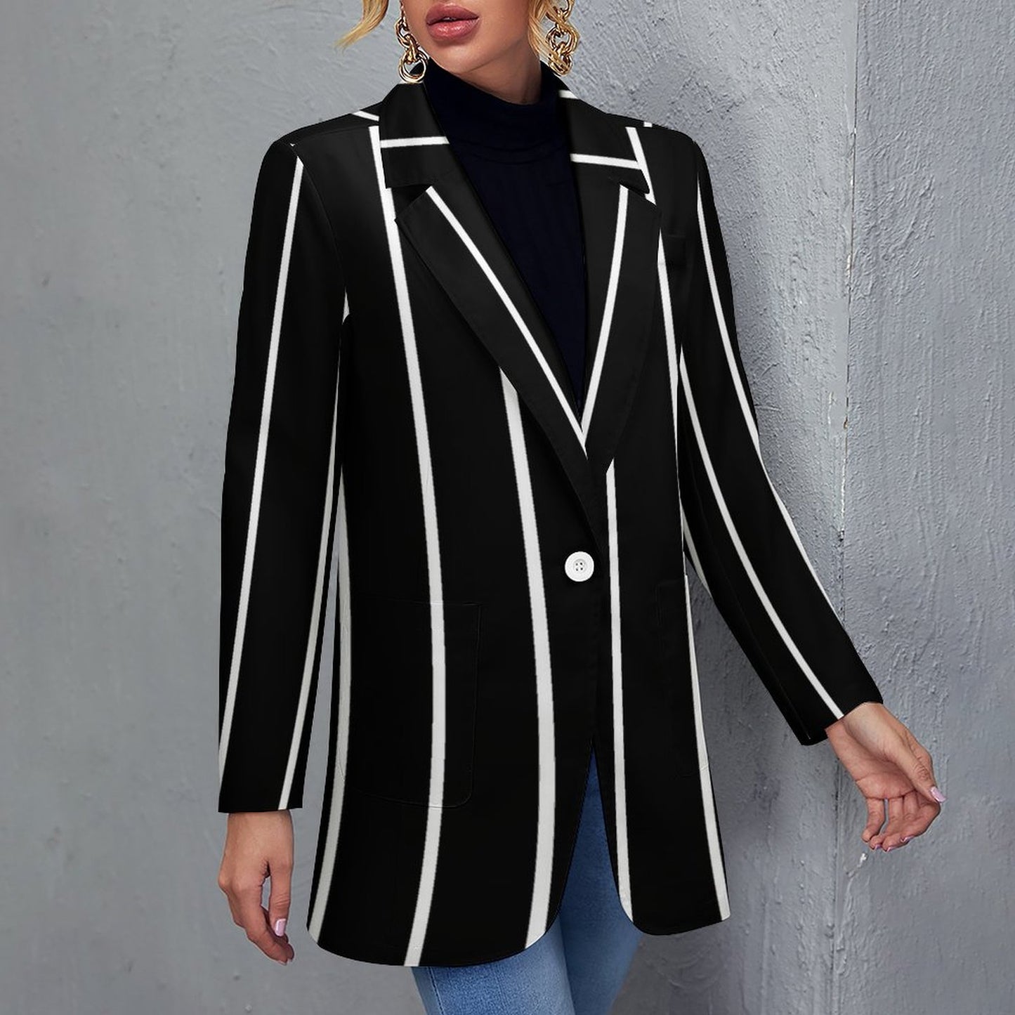 Women's Dark Black With White Pinstripe Pattern Casual Formal Lightweight Blazer Design All Over Print Women's Blazer