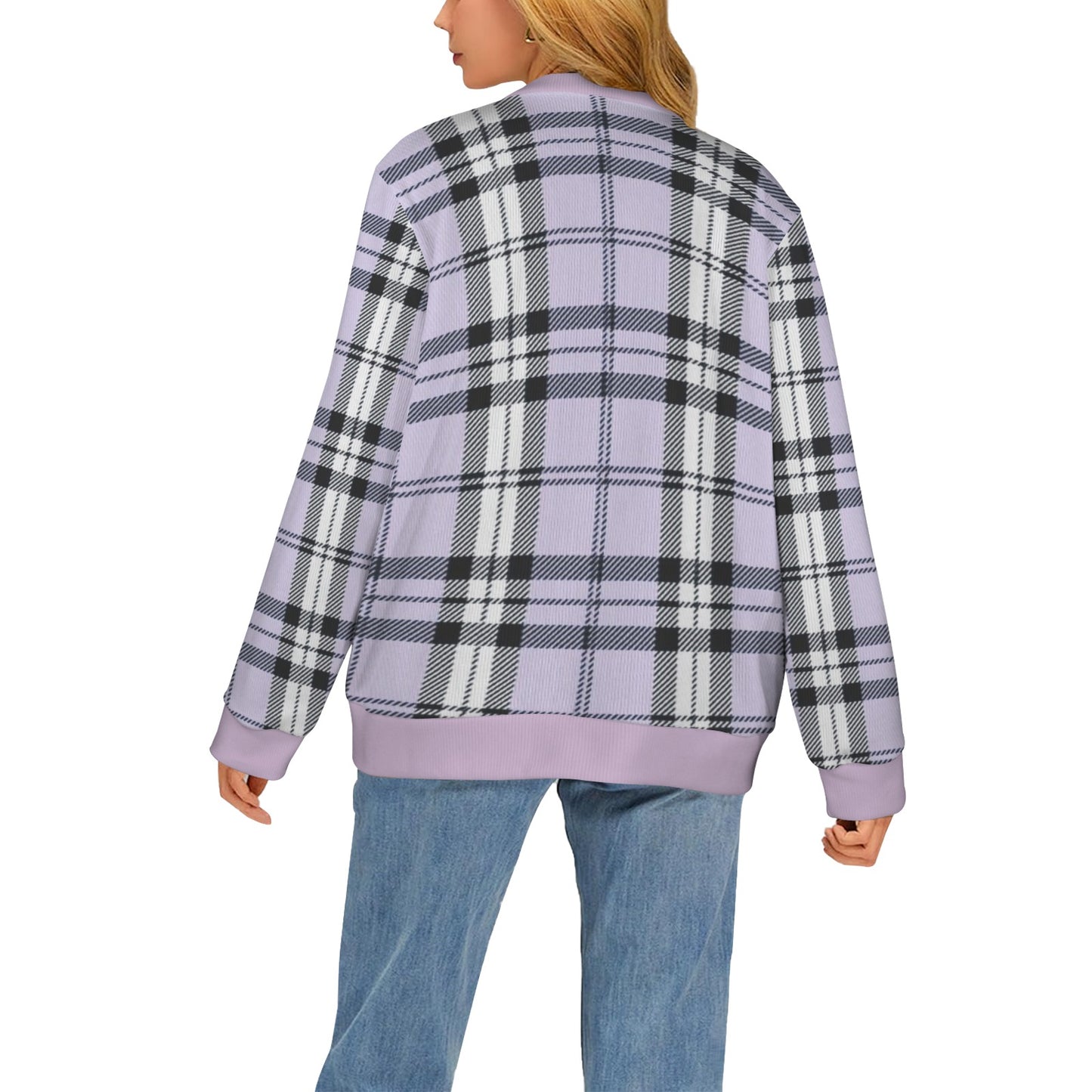 Women's Cardigan Burb Design Lightblue Black Plaid Fall Season Women's Ribbed Cardigan (Model H73)