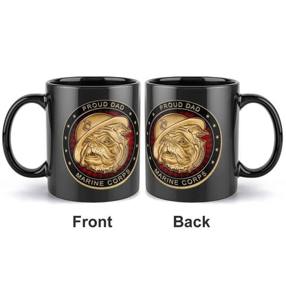 United States Marine Corps Proud Dad Emblem On Black Ceramic Coffee Mug (Comes With Your Initials Or Rank And Name Free Of Charge On Mug!)