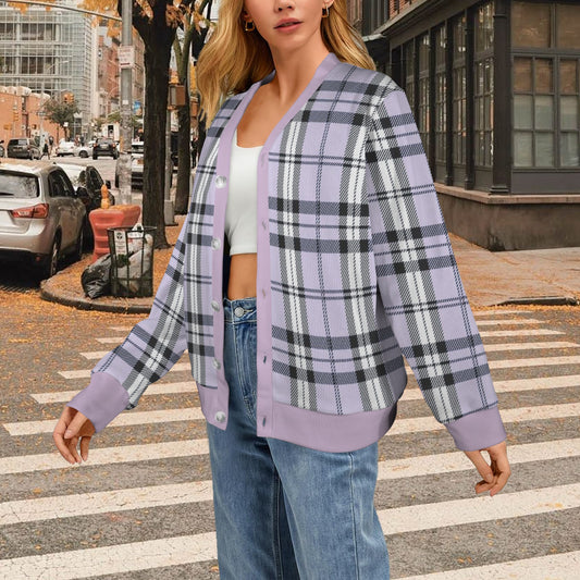 Women's Cardigan Burb Design Lightblue Black Plaid Fall Season Women's Ribbed Cardigan (Model H73)
