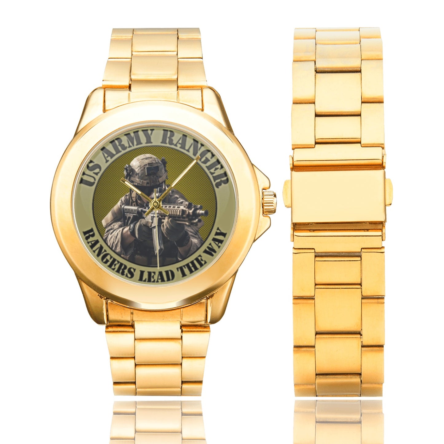 All Stainless Steel U.S. Army Rangers Insignia Dial Gold Monogram Gift Watch Custom Gilt Watch(Model 101) Come With Name Or Name And Rank On Dial...