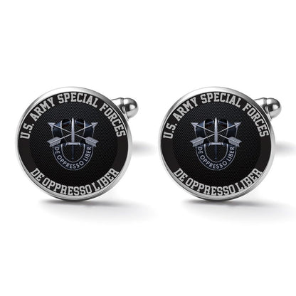 Men's Custom Made Alloy Silver W Black Carbon Fiber Background U.S. Army Special Forces Insignia In Black & Silver Come With Your Initials On Them....