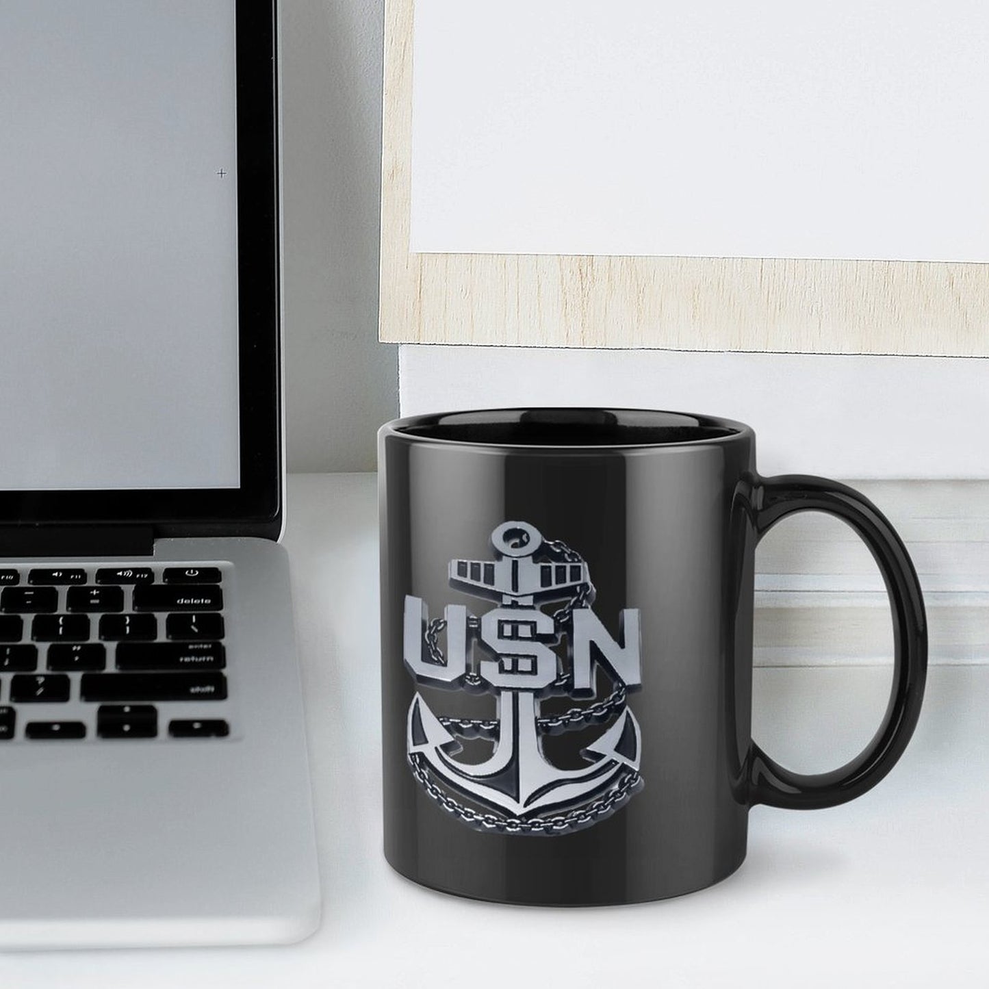 United State Navy Anchor Emblem On Black Ceramic Coffee Mug (Comes With Your Initials Or Rank And Name Free Of Charge On Mug!)