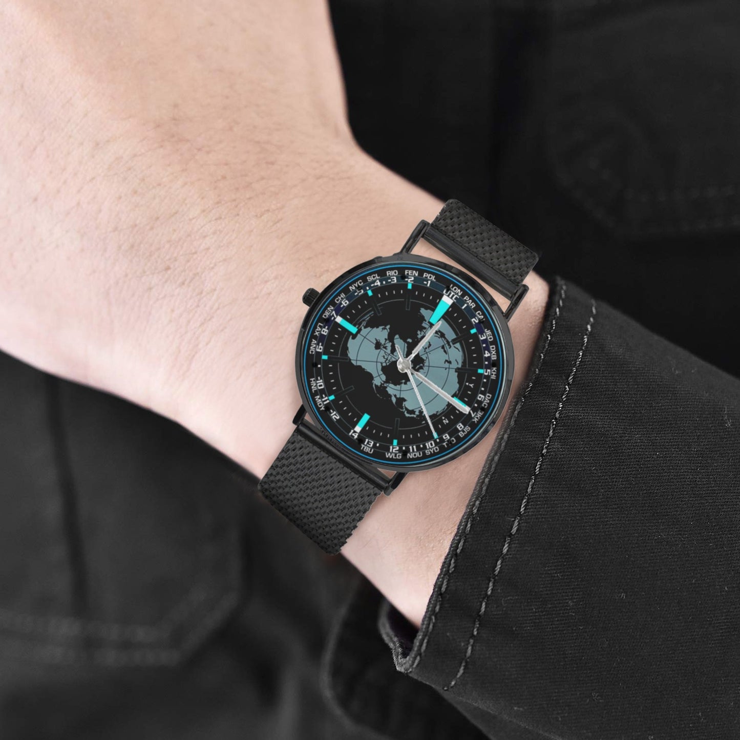 3D Aviator's Dial In Black Bright Tiel Blue Black All Stainless Steel Monogram Dress Watch Men's Steel Bracelet Watch Without Numbers Come With Name Or Name And Rank On Dial...