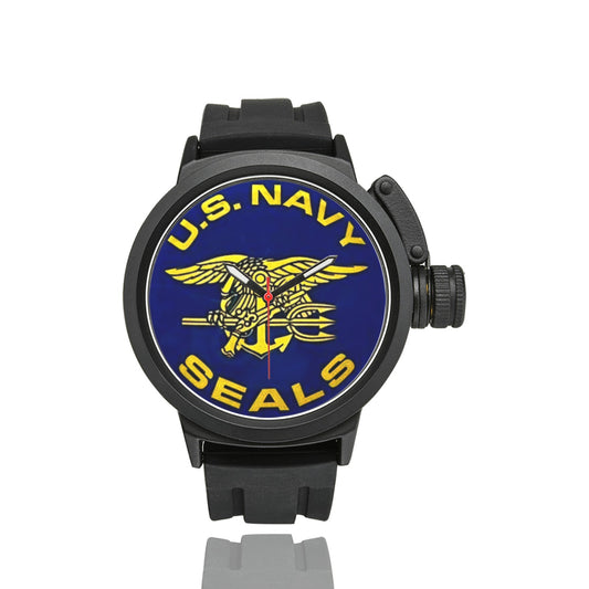 Men's US Navy Seals Insignia In Blue & Bright Yellow Miyota Quartz Movement Waterproof Monogram Sports Watch Come With Name Or Name And Rank On Dial...
