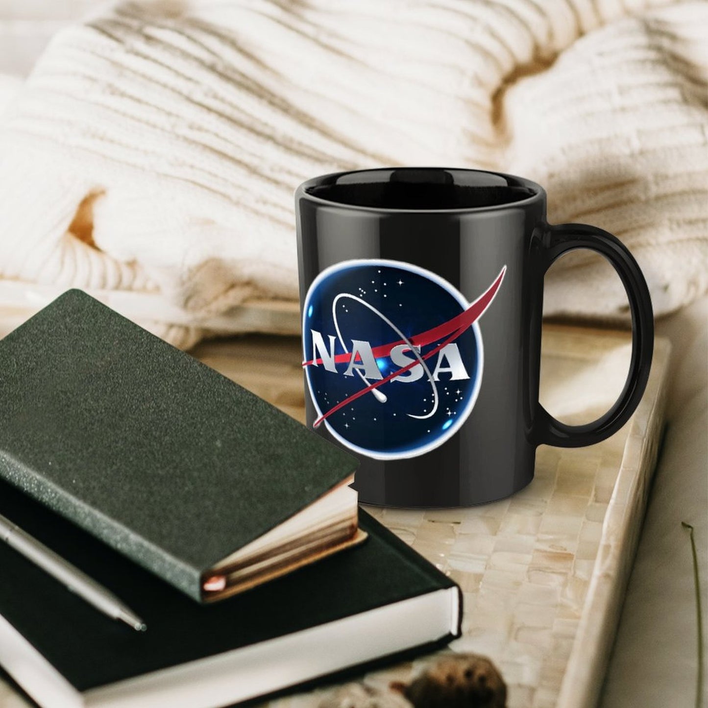 Nasa Logo On Black Ceramic Coffee Mug Which Comes With Your Initials or Rank And Name At No Additional Charge...