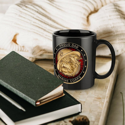 United States Marine Corps Proud Dad Emblem On Black Ceramic Coffee Mug (Comes With Your Initials Or Rank And Name Free Of Charge On Mug!)