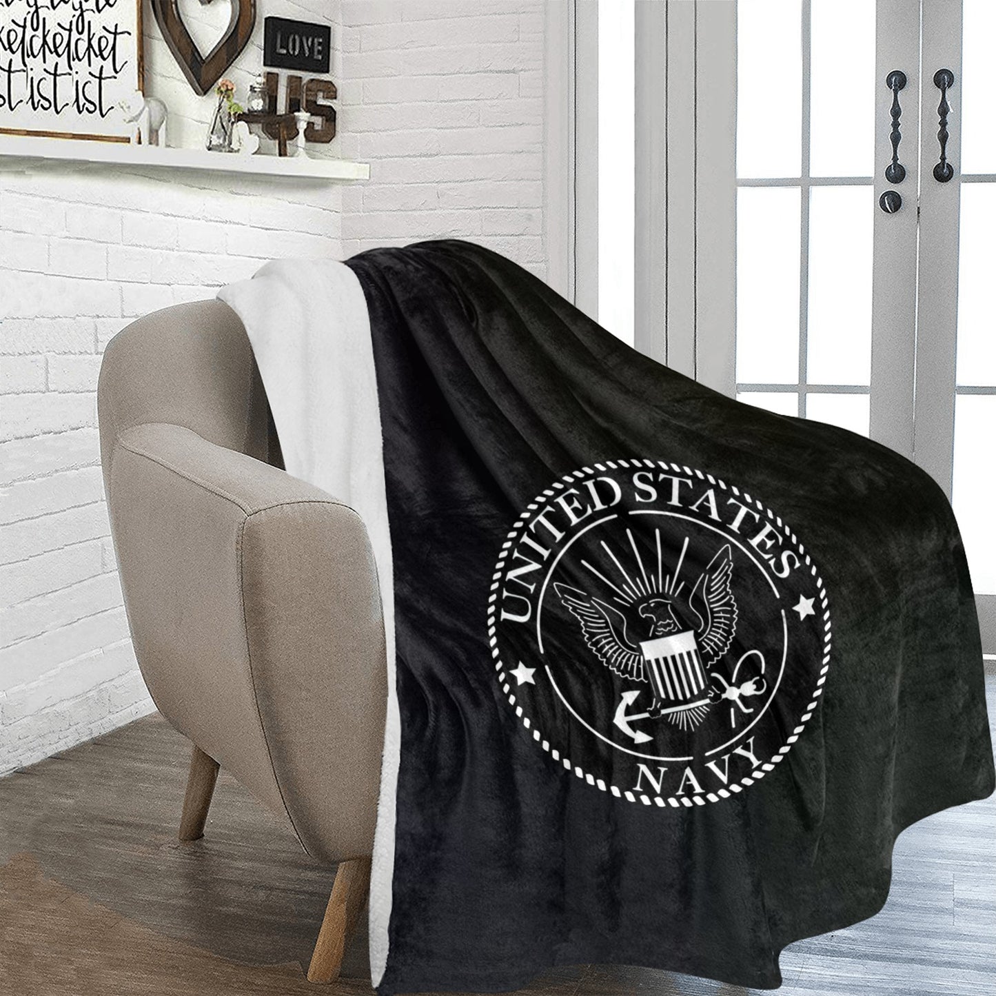 Large Black Microfiber Micro Fleece Flannel 70X80 Inch Soft Warm Monogram U.S. Navy White Insignia Black Blanket...