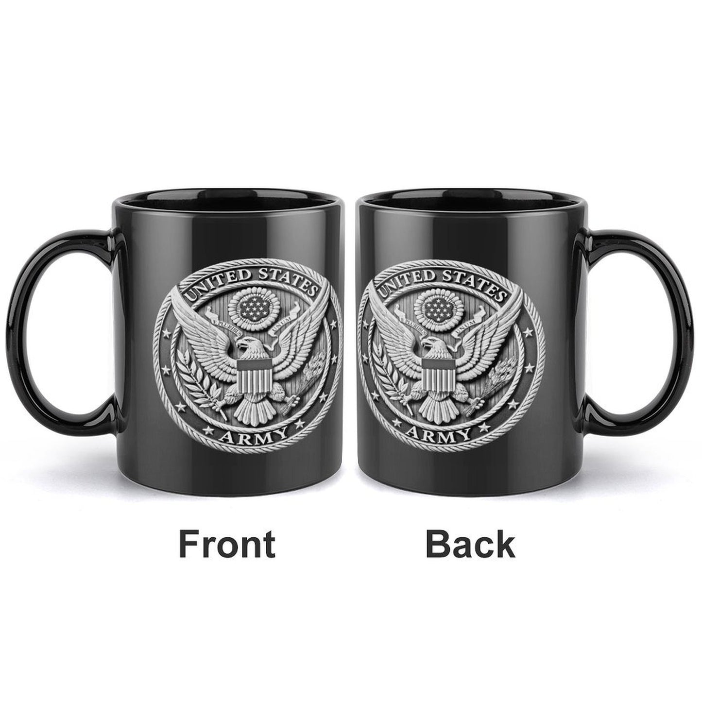 United States Army Silver Emblem On Black Ceramic Coffee Mug (Comes With Your Initials Or Rank And Name Free Of Charge On Mug!)