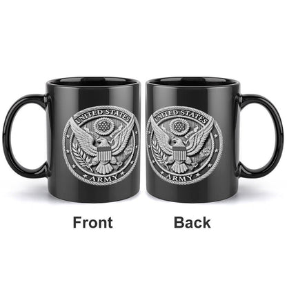 United States Army Silver Emblem On Black Ceramic Coffee Mug (Comes With Your Initials Or Rank And Name Free Of Charge On Mug!)