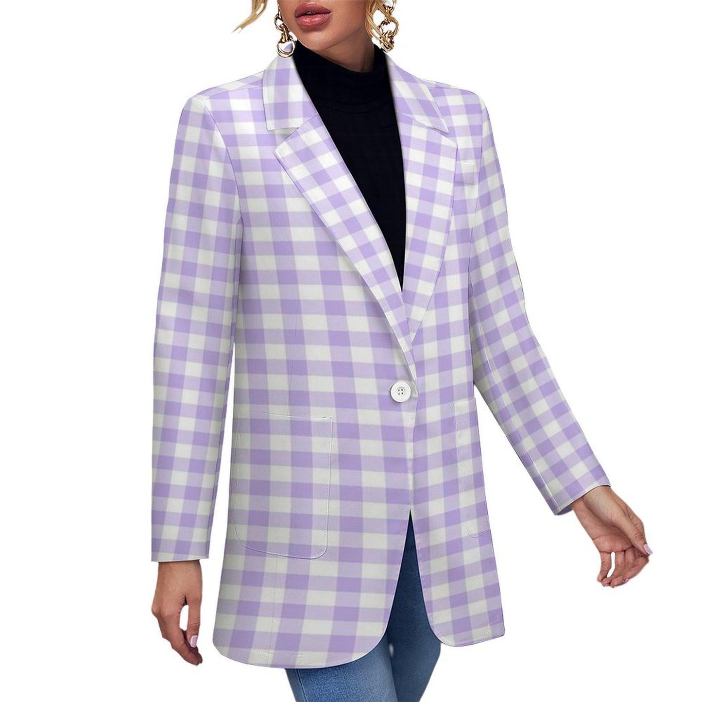 Women's Checkered Light Purple Pink & White Formal Summer Fun Event Blazer Jacket