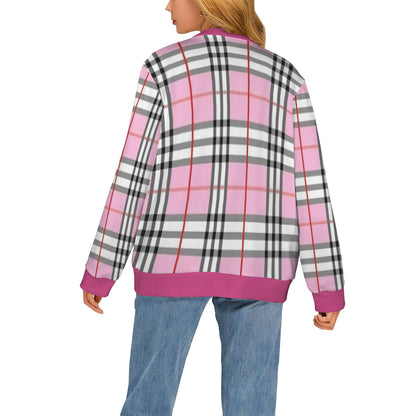 Women's Cardigan Burb Design Pink Black Plaid Fall Season Women's Ribbed Cardigan (Model H73)