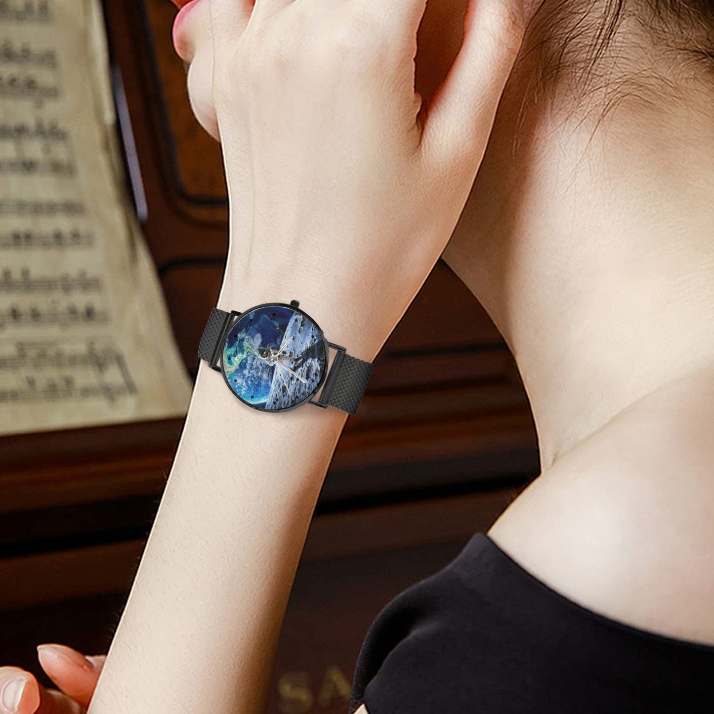 Men's Women's Karman Line View From The Moon To The Space Dial Waterproof Monogram Black Stainless Steel Dress Watch...