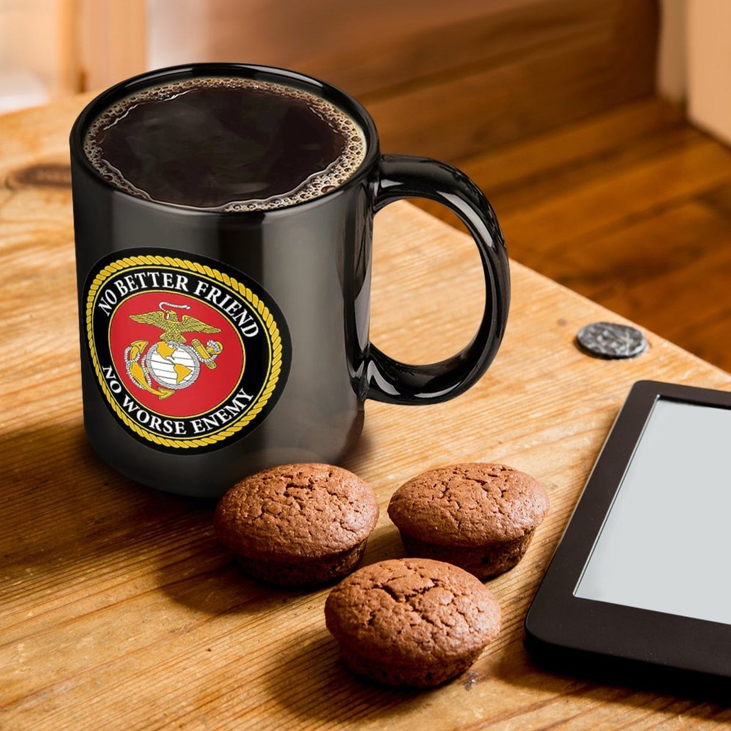 United States Marine Corps Emblem On Black Ceramic Coffee Mug (Comes With Your Initials Or Rank And Name Free Of Charge On Mug!)