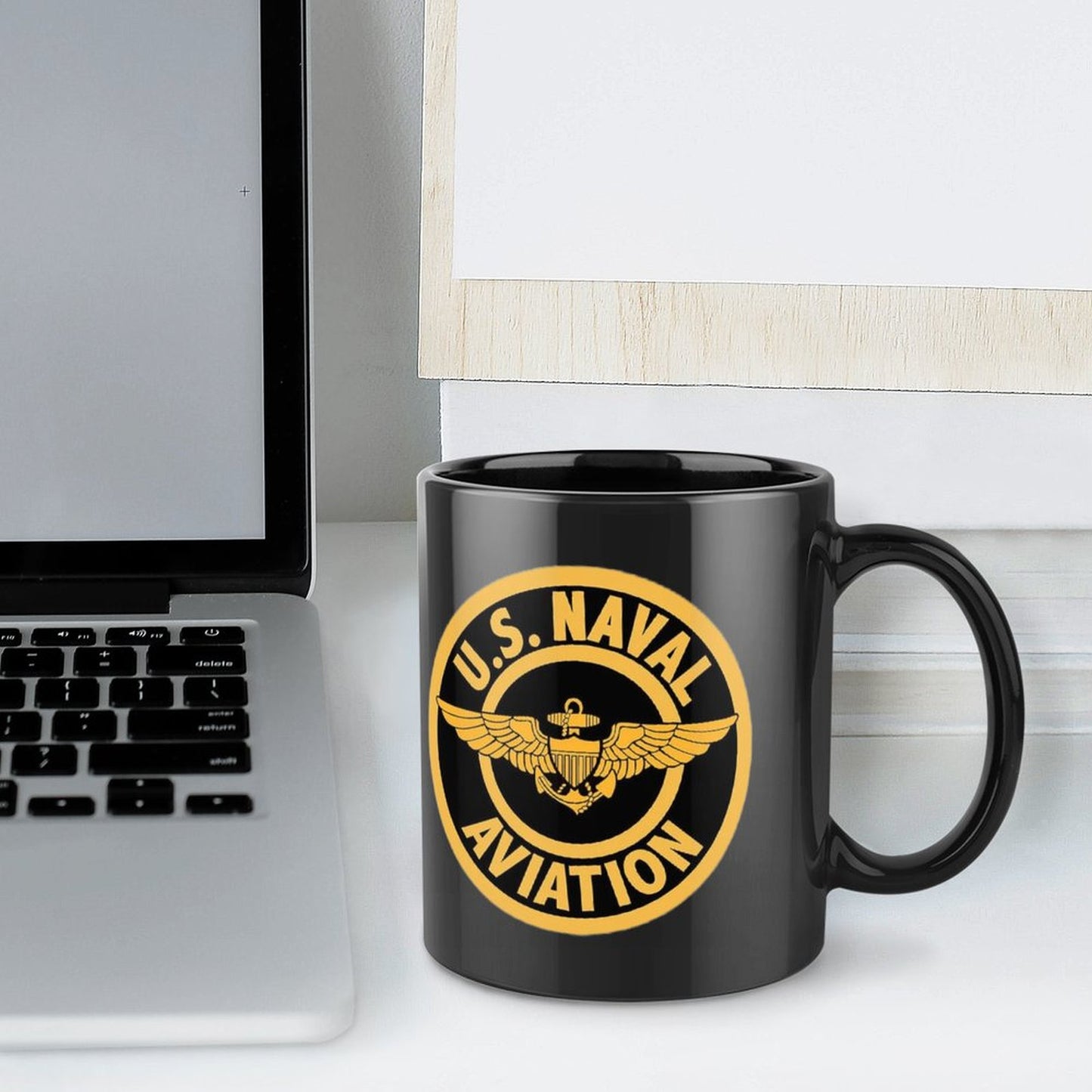 U.S. Naval Aviation Emblem On Black Ceramic Coffee Mug (Comes With Your Initials Or Rank And Name Free Of Charge On Mug!)