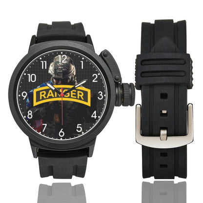 US Army Large Black Miyota Quartz Movement US Rangers Insignia Watch Men's Sports Watch(Model 309) Come With Name Or Name And Rank On Dial...