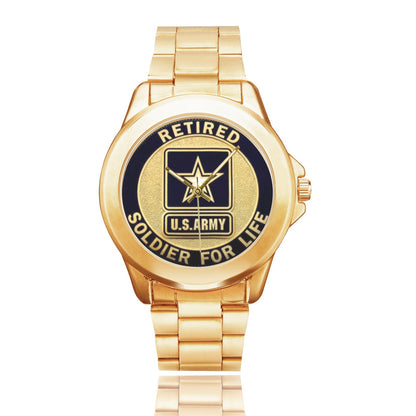 Men's Women's All Stainless Steel U.S. Army Black Gold Retired Soldier For Life Dial Gold Monogram Quartz Gift Watch Come With Name Or Name And Rank On Dial...