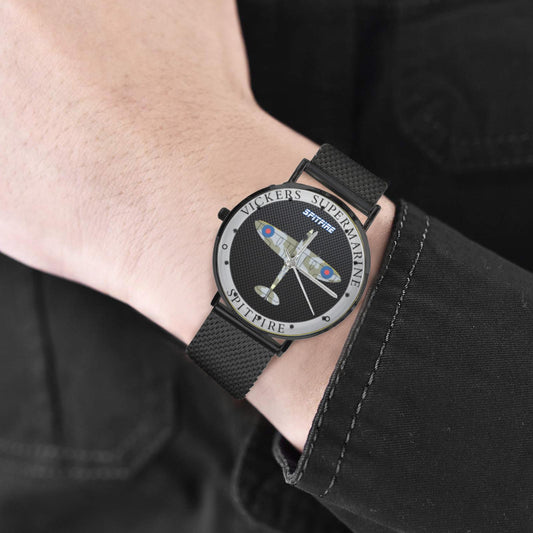 Men's Women's Vickers SuperMarine Spitfire W Black Carbon Fiber Background Waterproof Monogram Black Stainless Steel Dress Aviator Watch Come With Name Or Name And Rank On Dial...