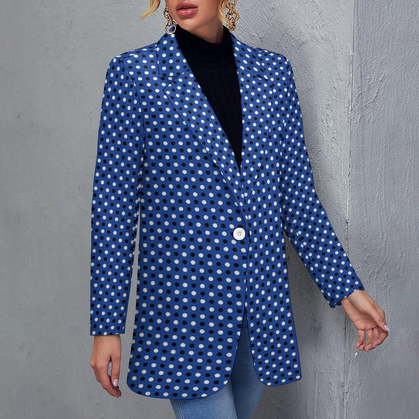 Women's Madison Ave Dark Blue White Polka Dot Print Blazer Jacket For Formal and Fun Summer Events...