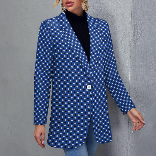 Women's Madison Ave Dark Blue White Polka Dot Print Blazer Jacket For Formal and Fun Summer Events...