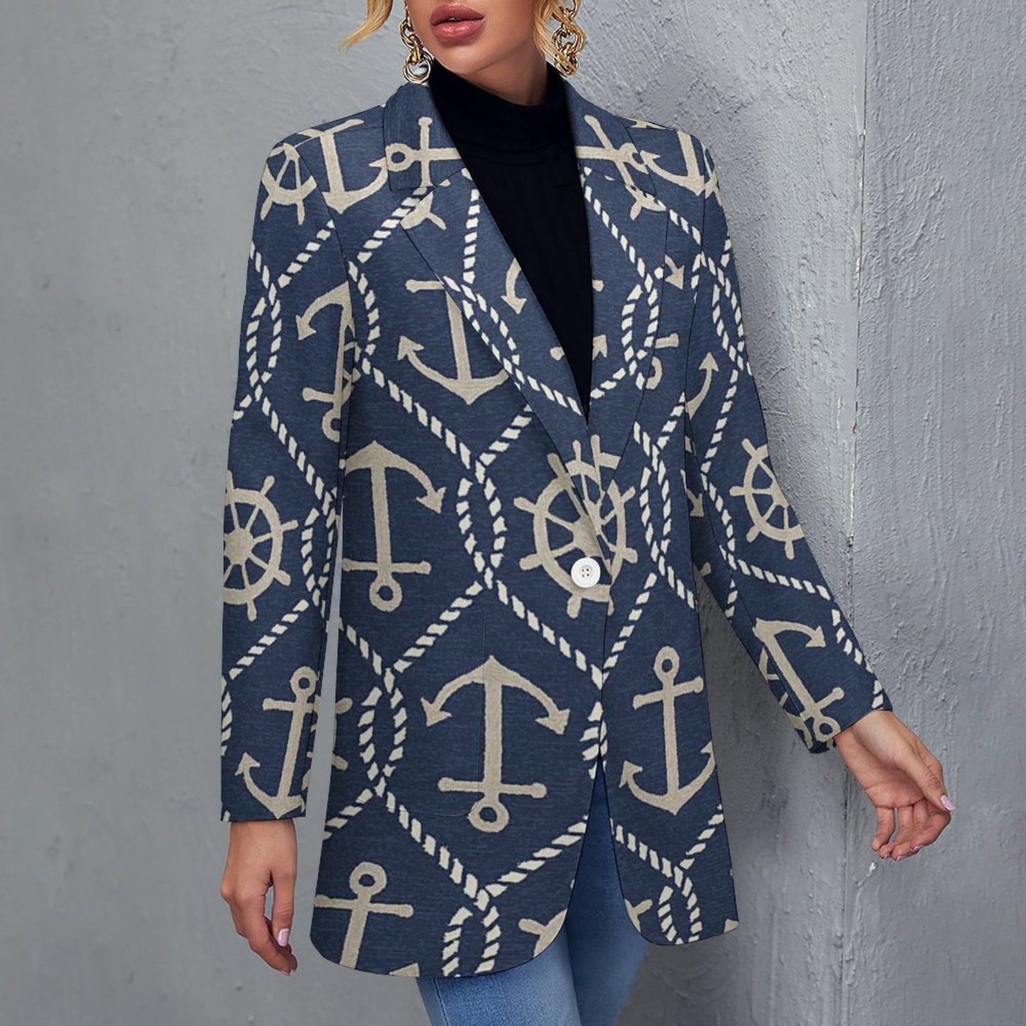 Women's Blue W Nautical Brown Anchor & Rope Print Casual Formal Lightweight Blazer Design All Over Print Women's Blazer