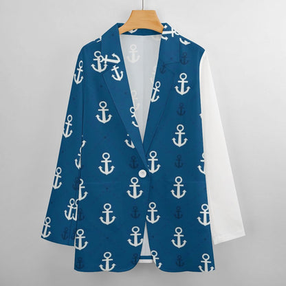Women's Ocean Blue White Anchor Pattern Casual Formal Lightweight Blazer Design All Over Print Women's Blazer