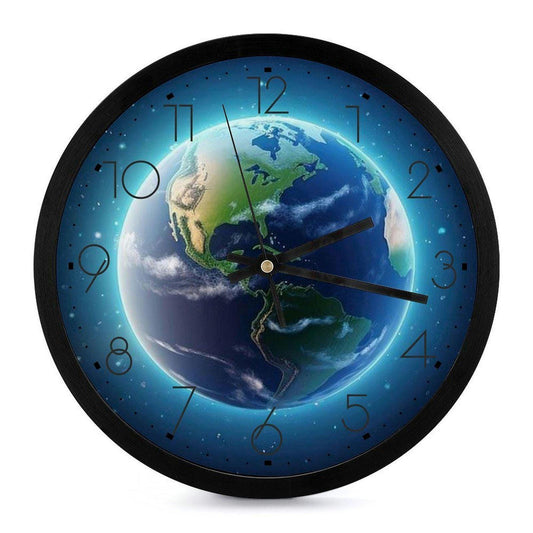 Planet Earth With Sun Reflecting Outer Round Ridge Wall Clock (10 Inch Round In Diameter)