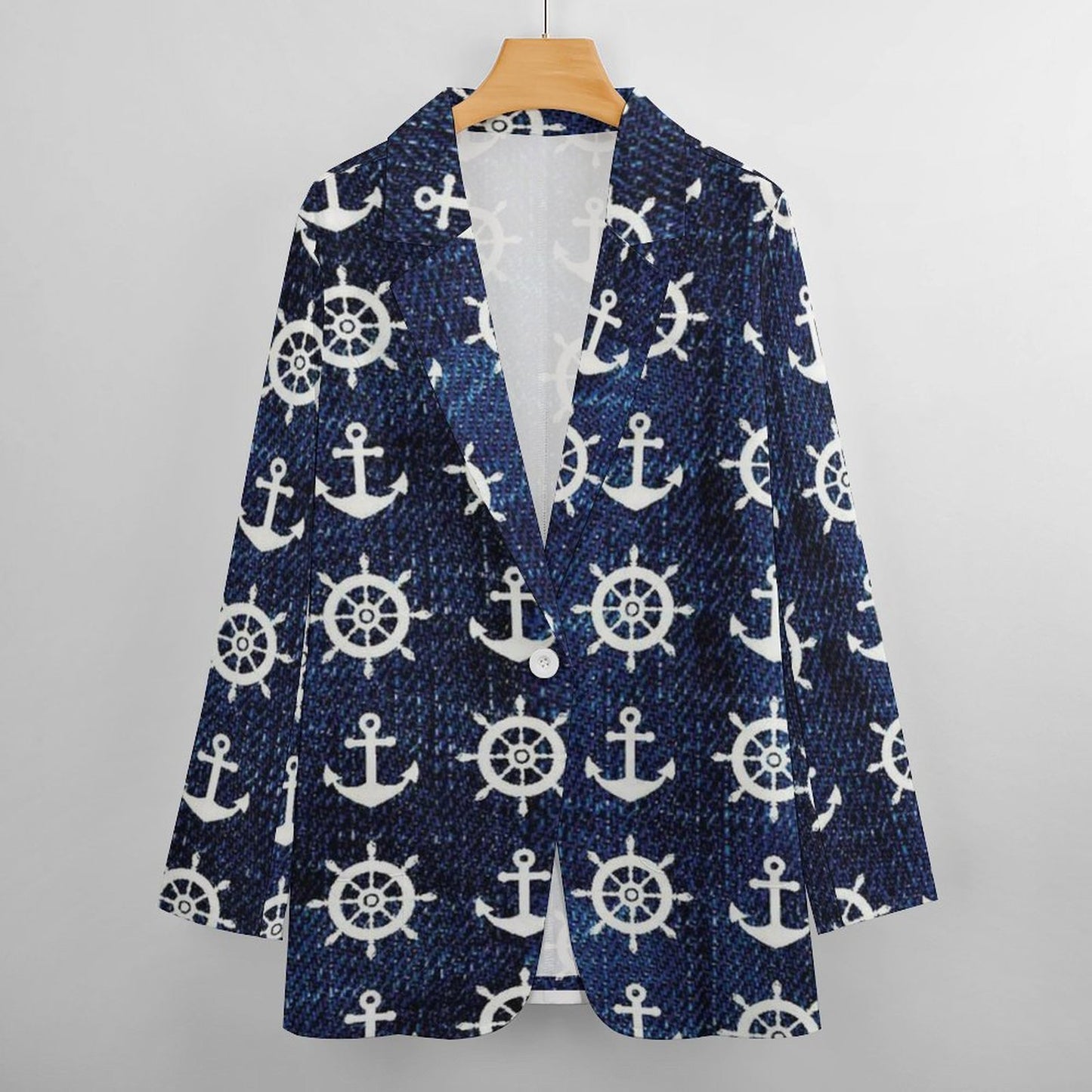Women's Blue W White Nautical Print Casual Formal Lightweight Blazer Jacket All Over Print Women's Blazer