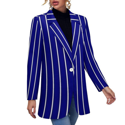 Women's Midnight Blue White Pinstripe Formal Event Summer Blazer Jacket..