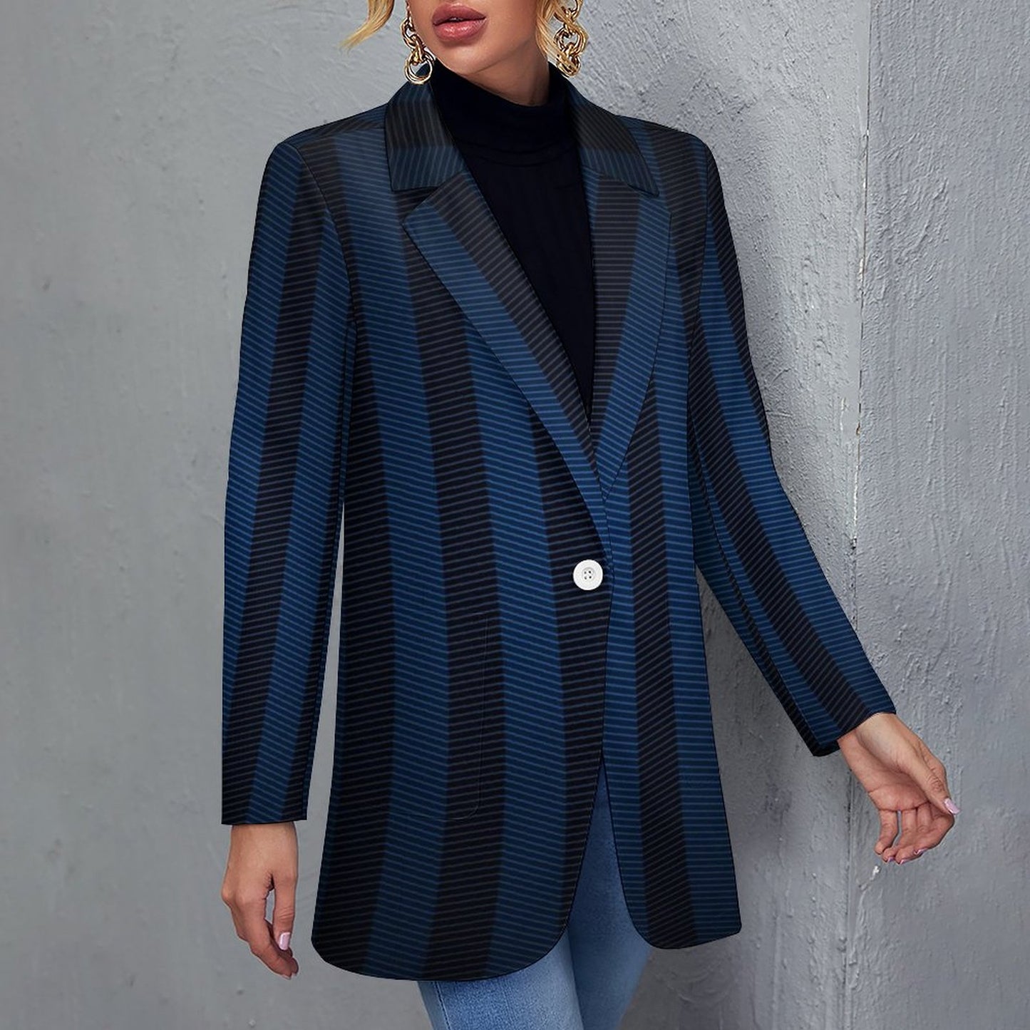 Women's Dark Blue Black Pinstripe Print Casual Formal Lightweight Blazer Design All Over Print Women's Blazer