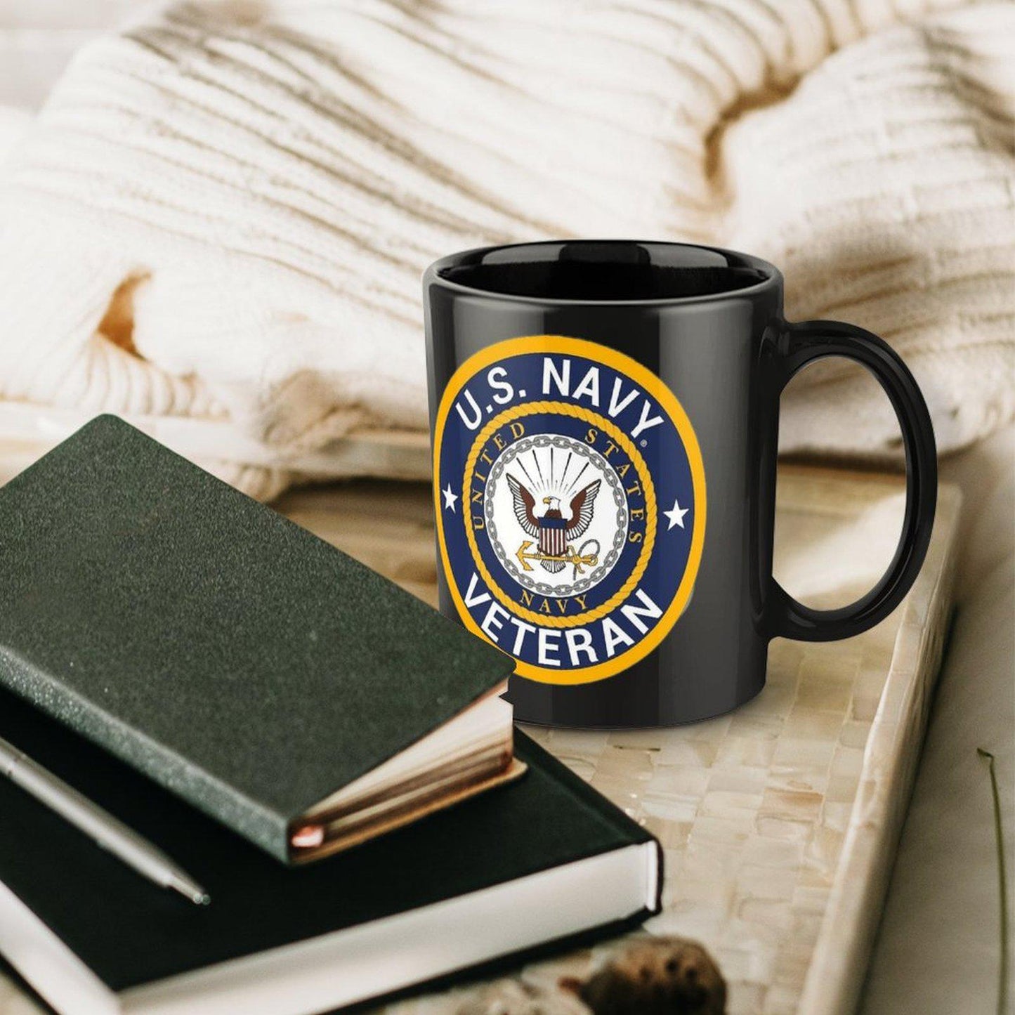United States Navy Veteran Black Ceramic Coffee Mug That Comes With Your Initials Or Rank And Name Free Of Additional Charges.