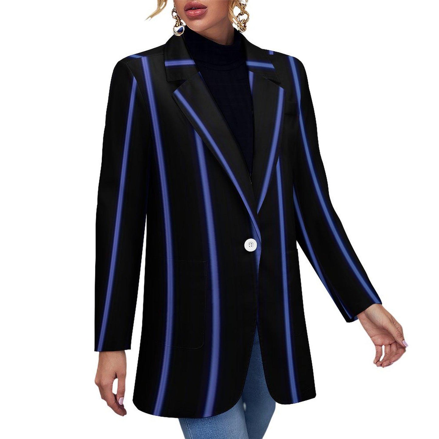 Women's Black & Light Blue Pinstripe Formal Summer Event Blazer Jacket....