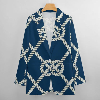Women's Blue With White Nautical Rope Print Design Casual Formal Lightweight Blazer All Over Print Women's Blazer