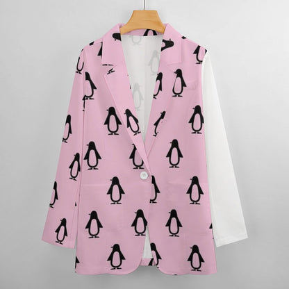 Women's Pink And Black Penguins Casual Formal Lightweight Blazer Design All Over Print Women's Blazer