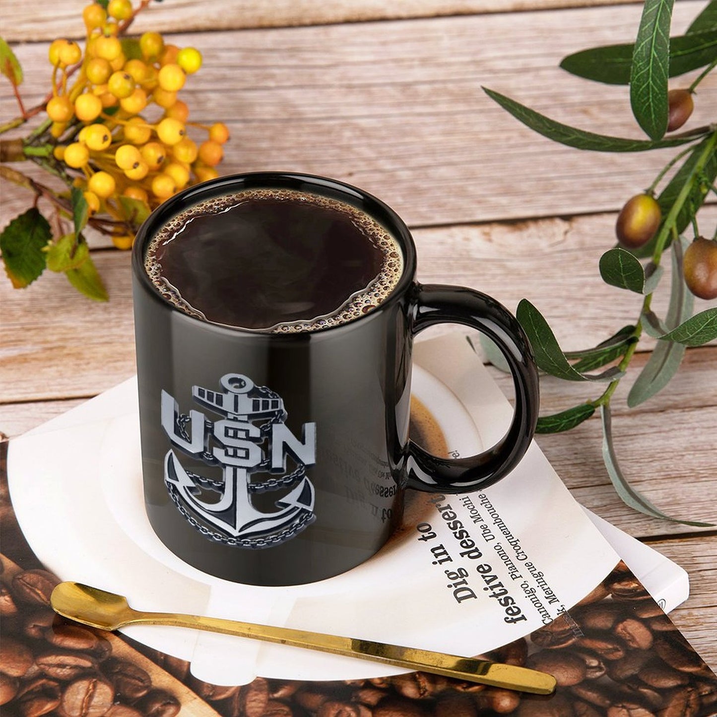 United State Navy Anchor Emblem On Black Ceramic Coffee Mug (Comes With Your Initials Or Rank And Name Free Of Charge On Mug!)
