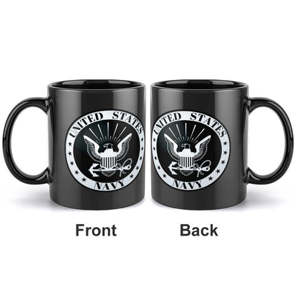 United States Navy White Emblem On Black Ceramic Coffee Mug (Comes With Your Initials Or Rank And Name Free Of Charge On Mug!)