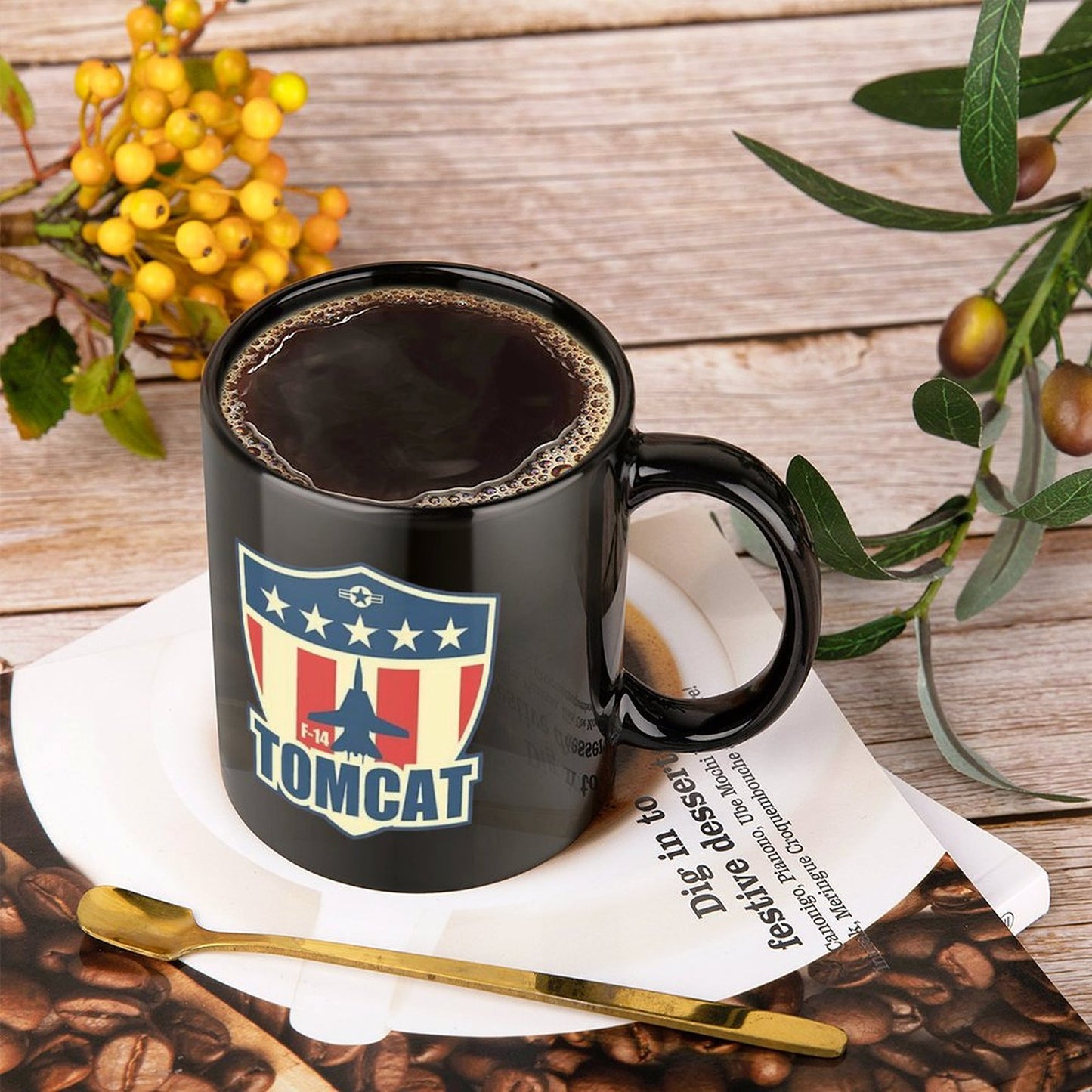 United States Navy TOMCAT Emblem On Black Ceramic Coffee Mug (Comes With Your Initials Or Rank And Name Free Of Charge On Mug!)