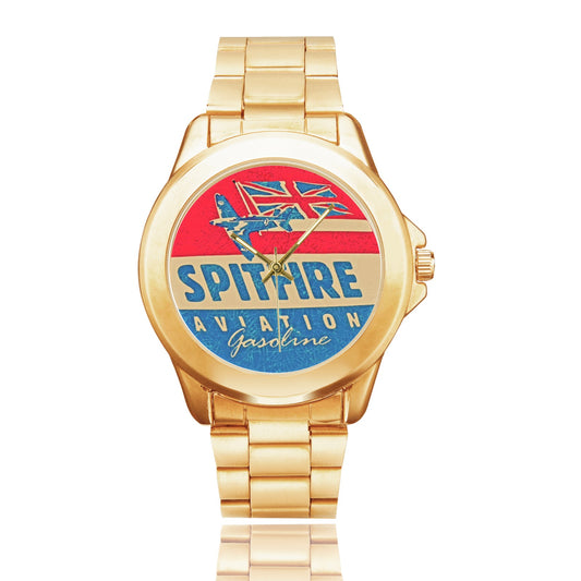 All Stainless Steel Spitfire Aviation Insignia Gold Monogram Gift Watch Custom Gilt Watch(Model 101) Come With Name Or Name And Rank On Dial...